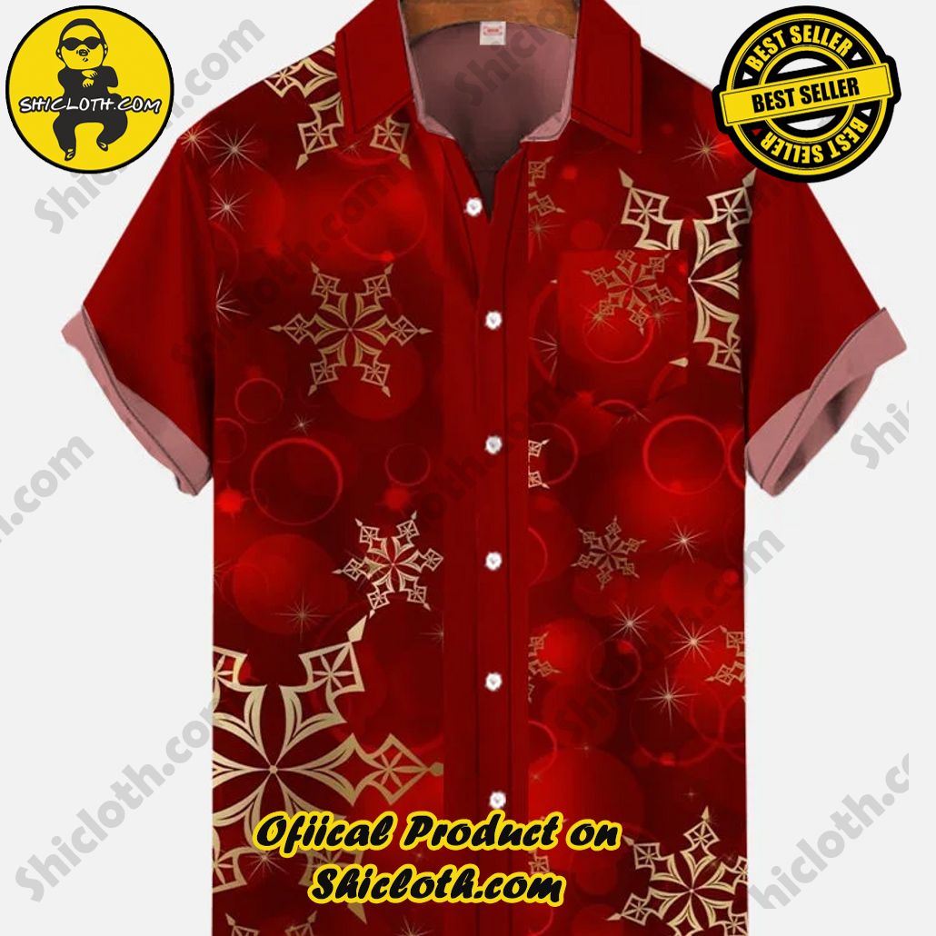 Bare the Breeze: Shiclothshop's Short Sleeve Shirts Unveiled 84 Vintage Gradient Red Bubbles And Gold Snowflakes Christmas Printing Breast Pocket Short Sleeve Shirt