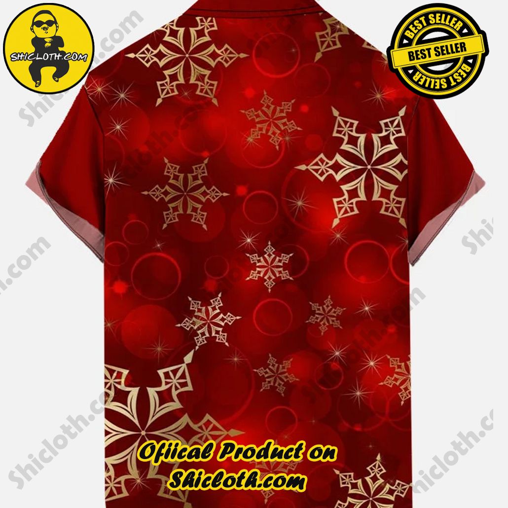 Vintage Gradient Red Bubbles And Gold Snowflakes Christmas Printing Breast Pocket Short Sleeve Shirt Vintage Gradient Red Bubbles And Gold Snowflakes Christmas Printing Breast Pocket Short Sleeve Shirt