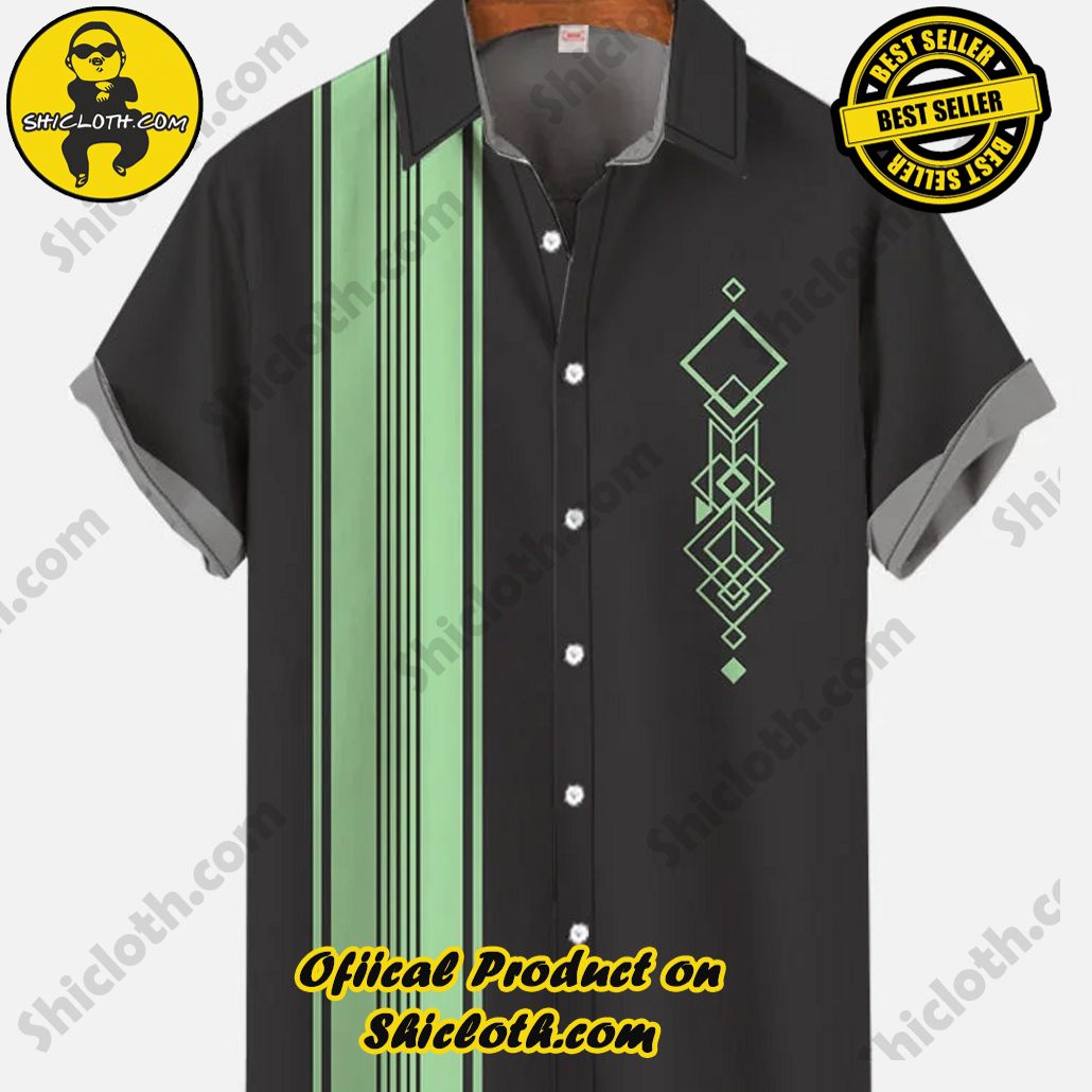 Shicloth's Tropical Elegance: Embrace Summer Vibes with Our Hawaiian Shirt and Shorts Set 85 Vintage Gray Green And Green Stitching Abstract Geometry Totem Printing Short Sleeve Shirt