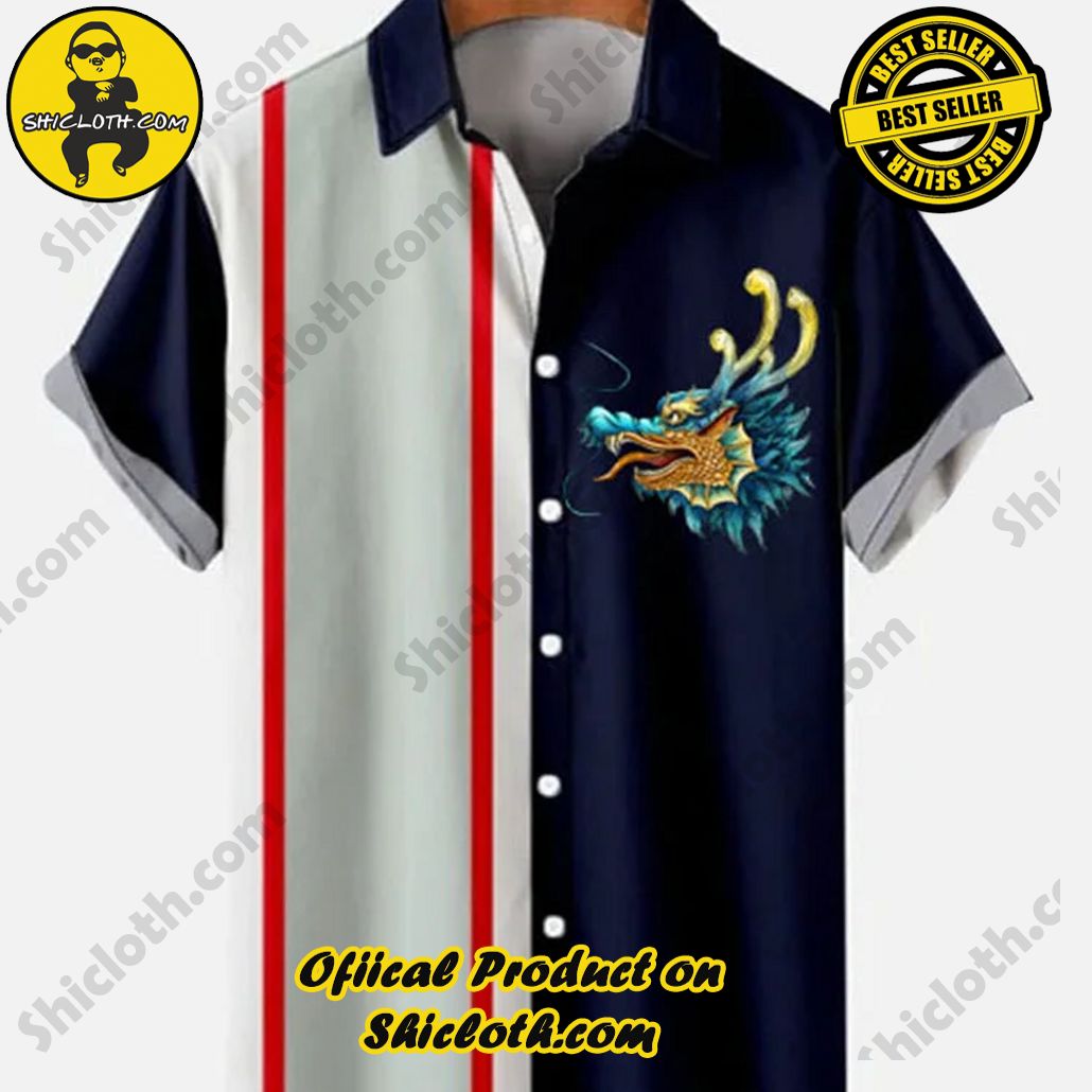 Shiclothshop's Short Sleeve Shirts – Effortless Elegance and Contemporary Comfort 42 Vintage Green and Red Stripe Dragon Head Up Printing Men's Short Sleeve Shirt