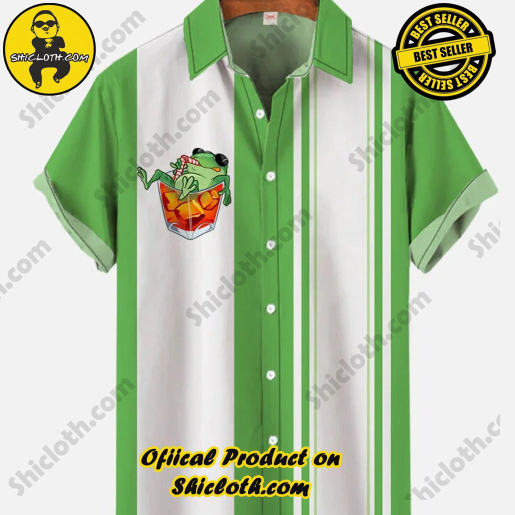 Shicloth's Tropical Elegance: Embrace Summer Vibes with Our Hawaiian Shirt and Shorts Set 86 Vintage Green And White Stripe Stitching Frog In Ice Juice Printing Short Sleeve Shirt