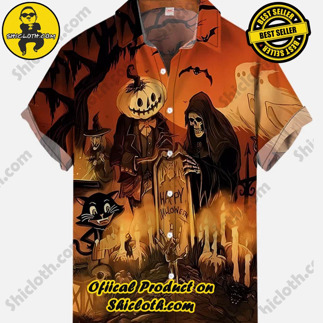 Bare the Breeze: Shiclothshop's Short Sleeve Shirts Unveiled 176 Vintage Halloween Grim Reaper, Black Cat And Pumpkin Monster Printing Short Sleeve Shirt