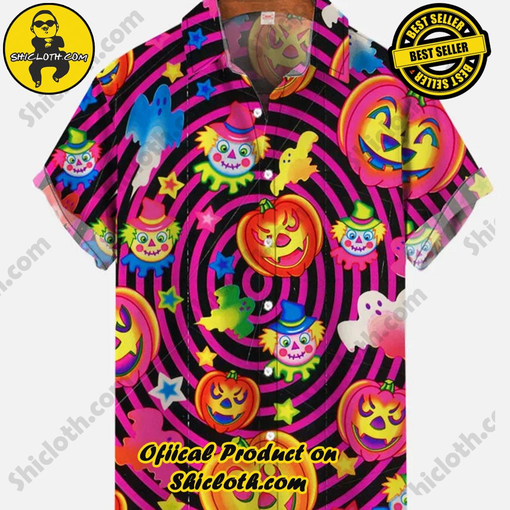 Bare the Breeze: Shiclothshop's Short Sleeve Shirts Unveiled 177 Vintage Halloween Psychedelic Hippie Pumpkins And Clowns Printing Short Sleeve Shirt