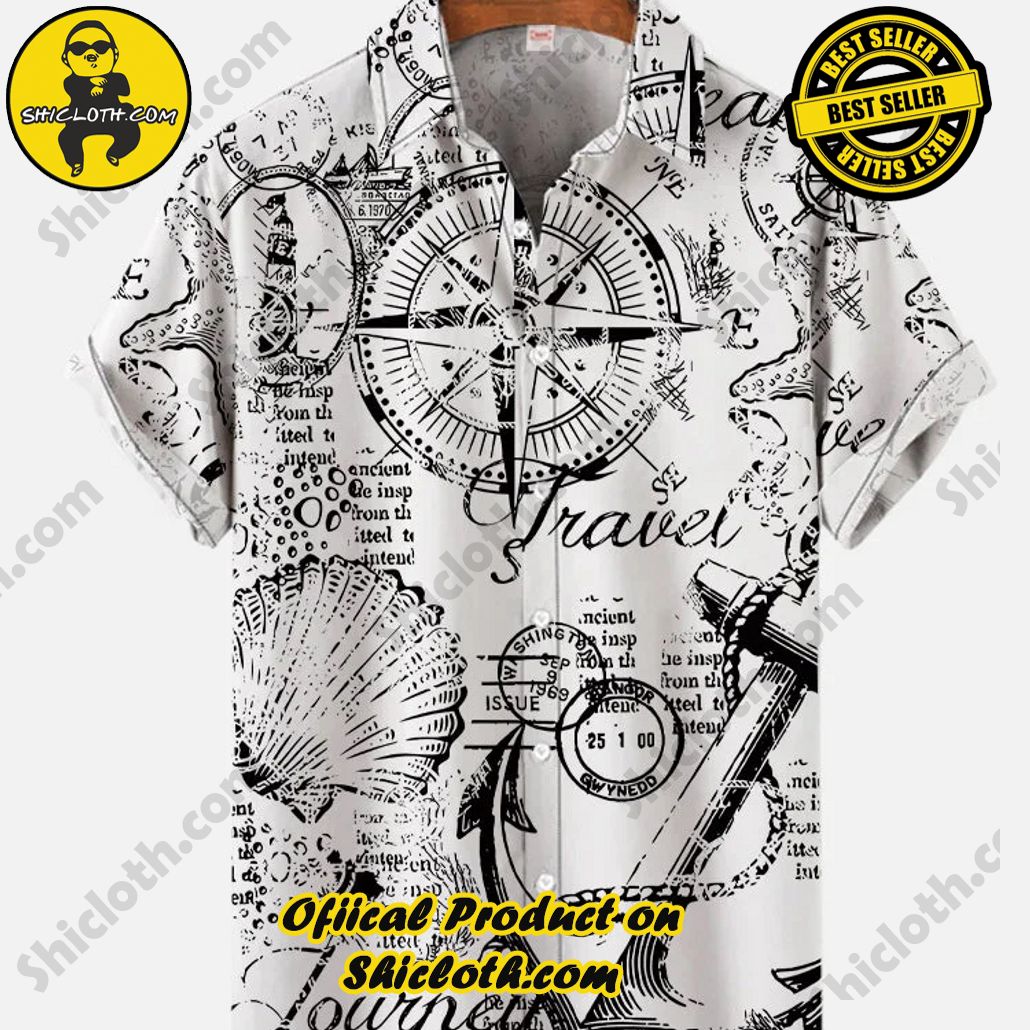 Shicloth's Tropical Elegance: Embrace Summer Vibes with Our Hawaiian Shirt and Shorts Set 87 Vintage Hand Drawn Nautical Elements Printing Short Sleeve Shirt