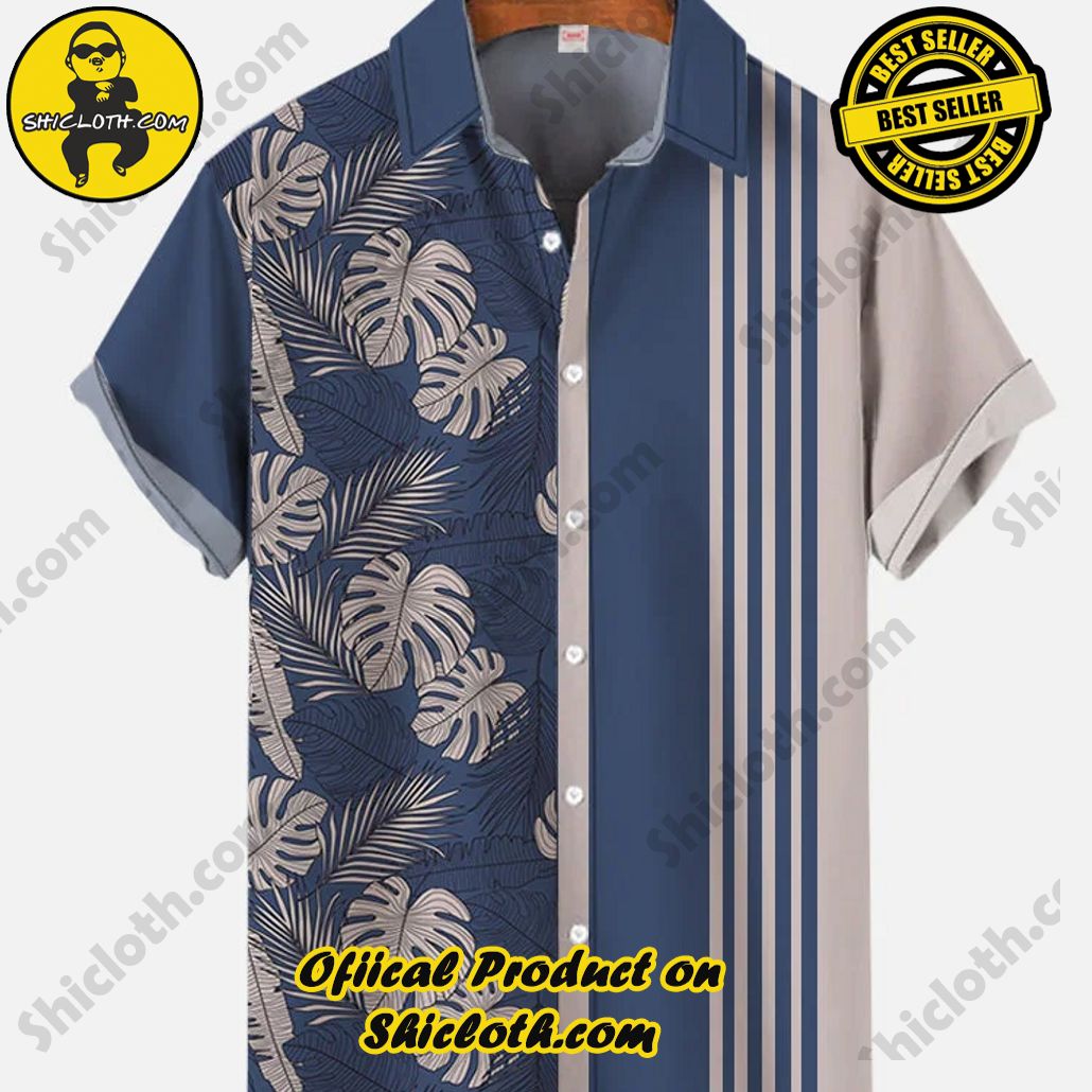 Shicloth's Tropical Elegance: Embrace Summer Vibes with Our Hawaiian Shirt and Shorts Set 88 Vintage Hawaiian Blue Monstera And Stripes Printing Short Sleeve Shirt