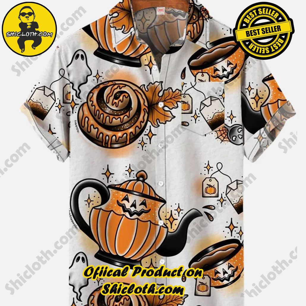 Bare the Breeze: Shiclothshop's Short Sleeve Shirts Unveiled 178 Vintage Hawaiian Style Halloween Pumpkin Teapot And Coffee Cups Printing Short Sleeve Shirt