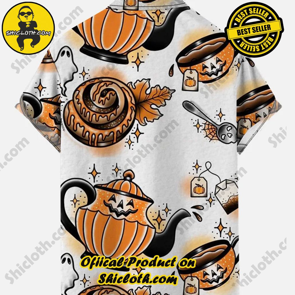 Vintage Hawaiian Style Halloween Pumpkin Teapot And Coffee Cups Printing Short Sleeve Shirt Vintage Hawaiian Style Halloween Pumpkin Teapot And Coffee Cups Printing Short Sleeve Shirt
