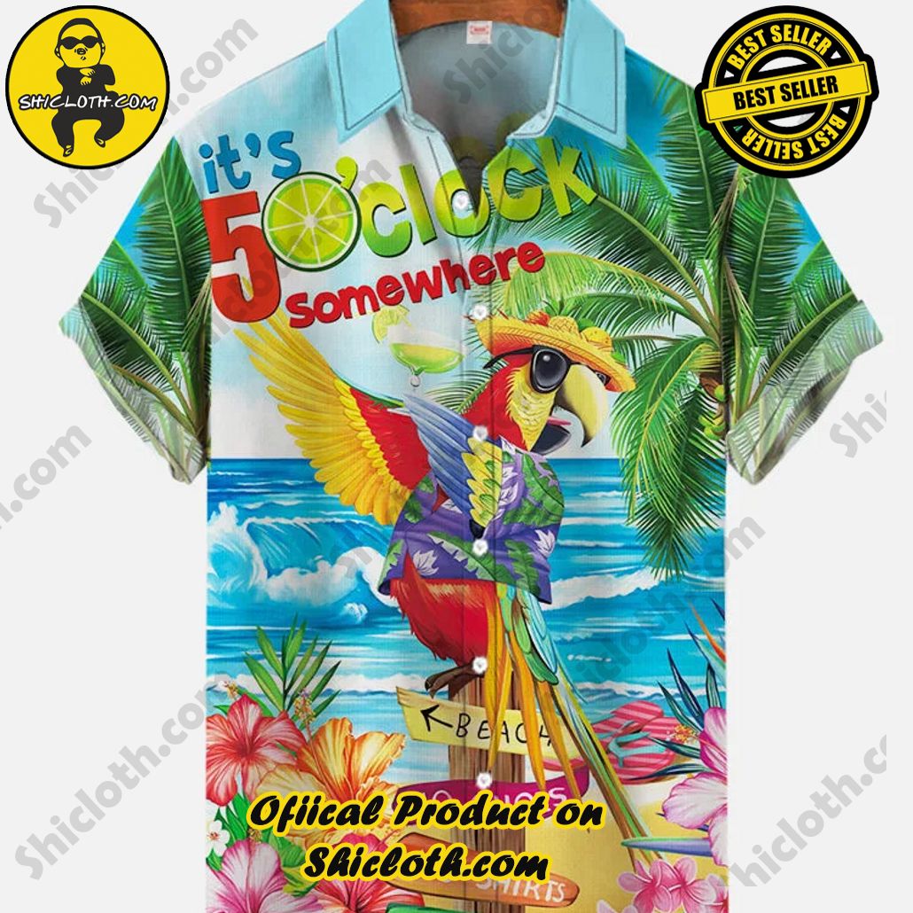 Bare the Breeze: Shiclothshop's Short Sleeve Shirts Unveiled 179 Vintage Hawaiian Tropical Parrot It's 5 O'clock Somewhere Printing Short Sleeve Shirt