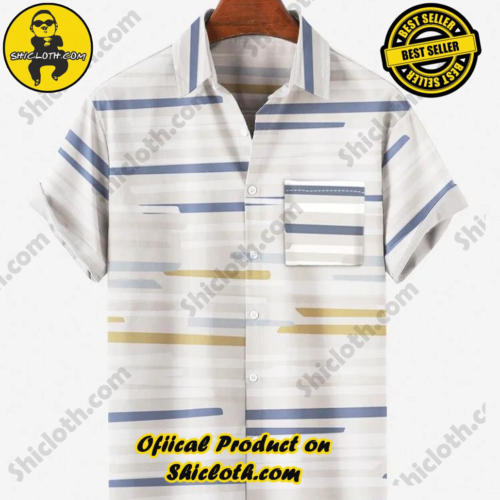 Shicloth's Tropical Elegance: Embrace Summer Vibes with Our Hawaiian Shirt and Shorts Set 90 Vintage Irregular Horizontal Lines Short Sleeve Shirt