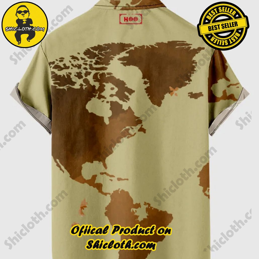 Vintage Khaki & DarkKhaki World Map Printing Men's Short Sleeve Shirt 2 Vintage Khaki & DarkKhaki World Map Printing Men's Short Sleeve Shirt - Image 2