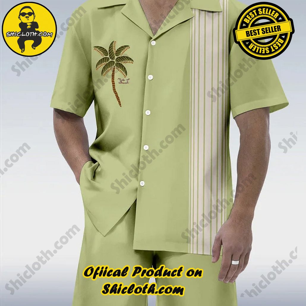 Bare the Breeze: Shiclothshop's Short Sleeve Shirts Unveiled 180 Vintage Light Green And White Stitching Hawaiian Coconut Palm Printing Cuban Collar Short Sleeve Shirt Set