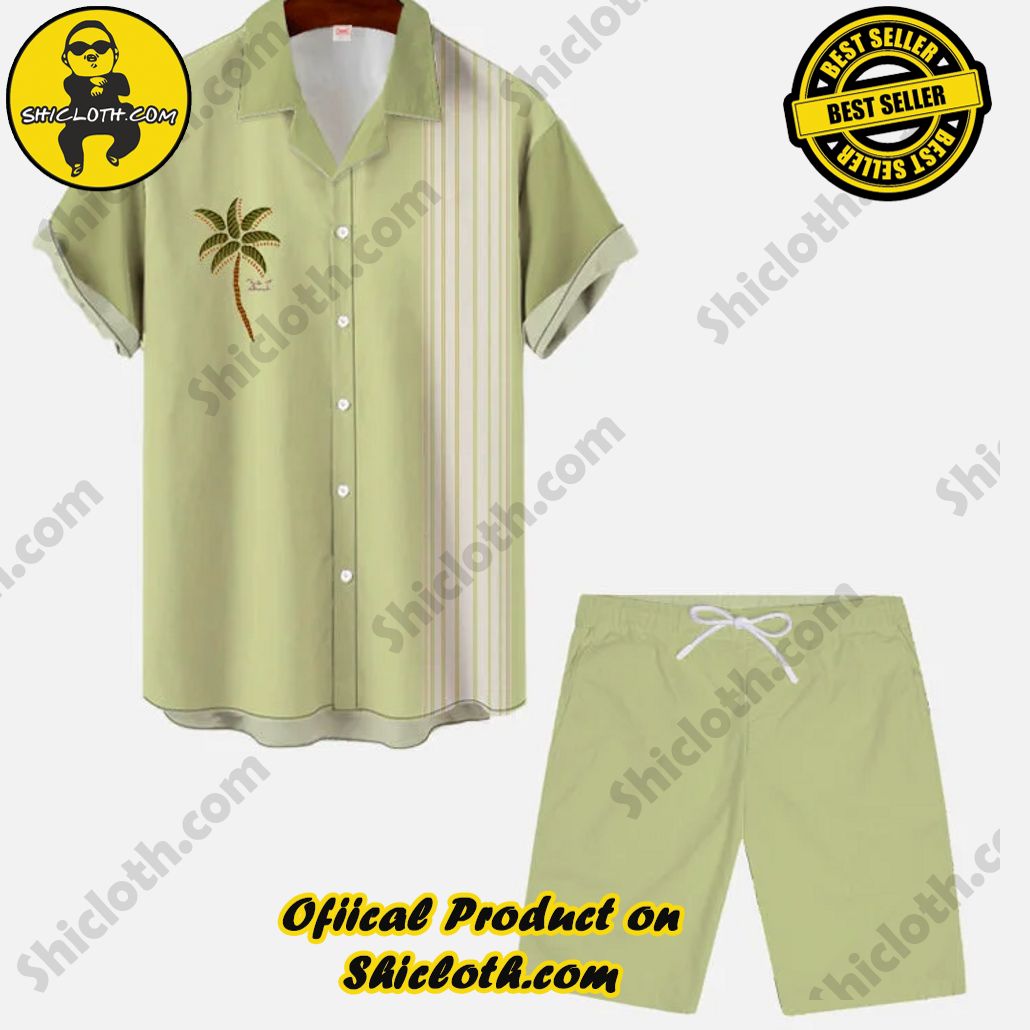 Vintage Light Green And White Stitching Hawaiian Coconut Palm Printing Cuban Collar Short Sleeve Shirt Set Vintage Light Green And White Stitching Hawaiian Coconut Palm Printing Cuban Collar Short Sleeve Shirt Set