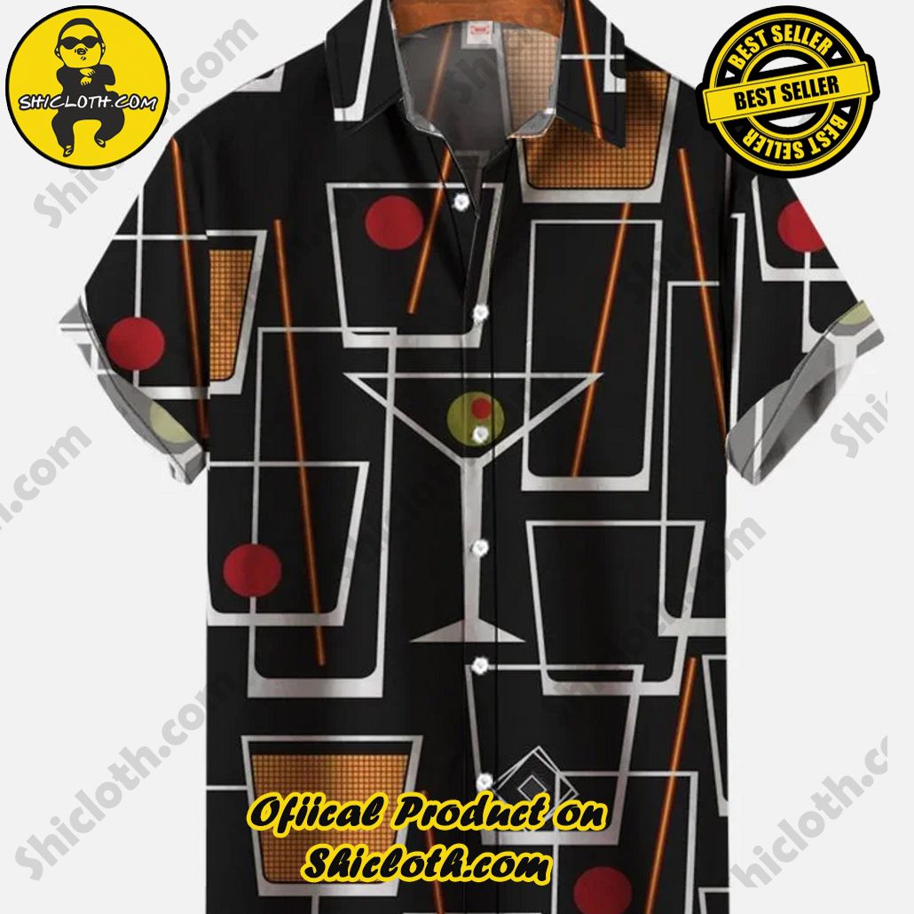 Shicloth's Tropical Elegance: Embrace Summer Vibes with Our Hawaiian Shirt and Shorts Set 91 Vintage Linear Geometric Wine Glasses Printing Short Sleeve Shirt