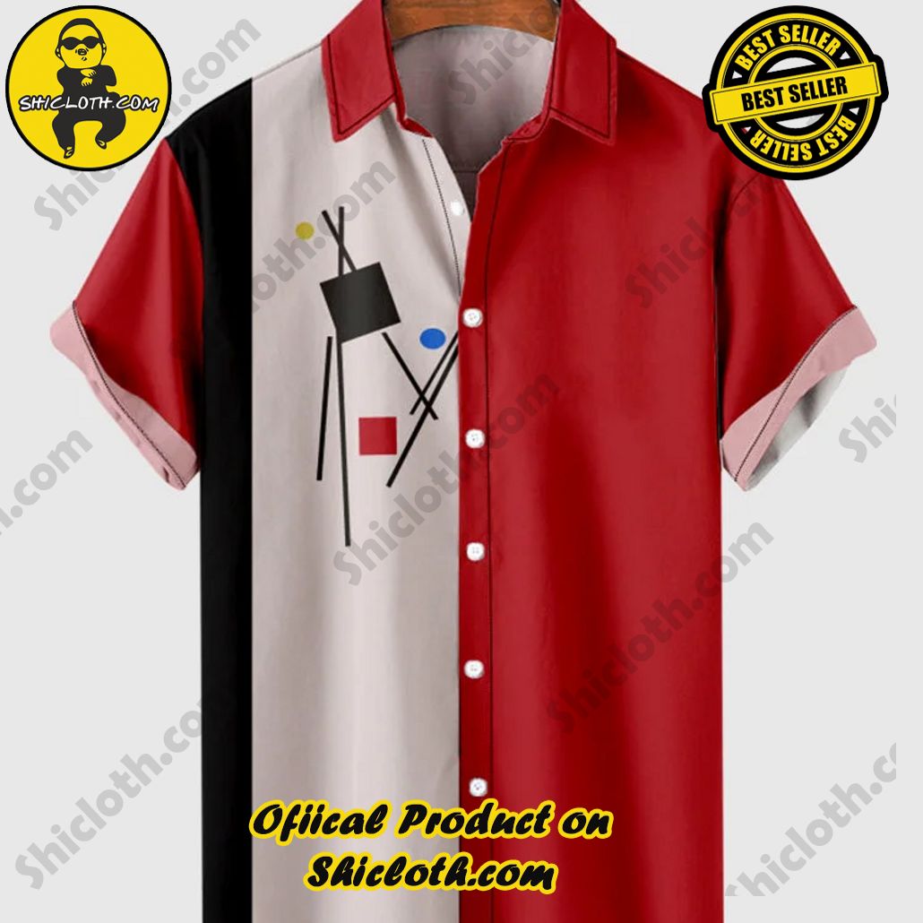 Shiclothshop's Short Sleeve Shirts – Effortless Elegance and Contemporary Comfort 45 Vintage MistyRose & Red Stitching Geometrical Element Printing Men's Short Sleeve Shirt