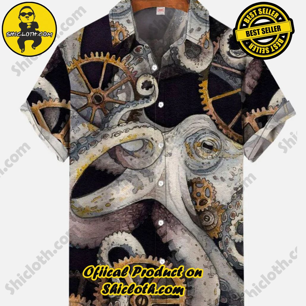 Shicloth's Tropical Elegance: Embrace Summer Vibes with Our Hawaiian Shirt and Shorts Set 94 Vintage Octopus Sepia Tech Gear Parts Printing Hawaiian Short Sleeve Shirt