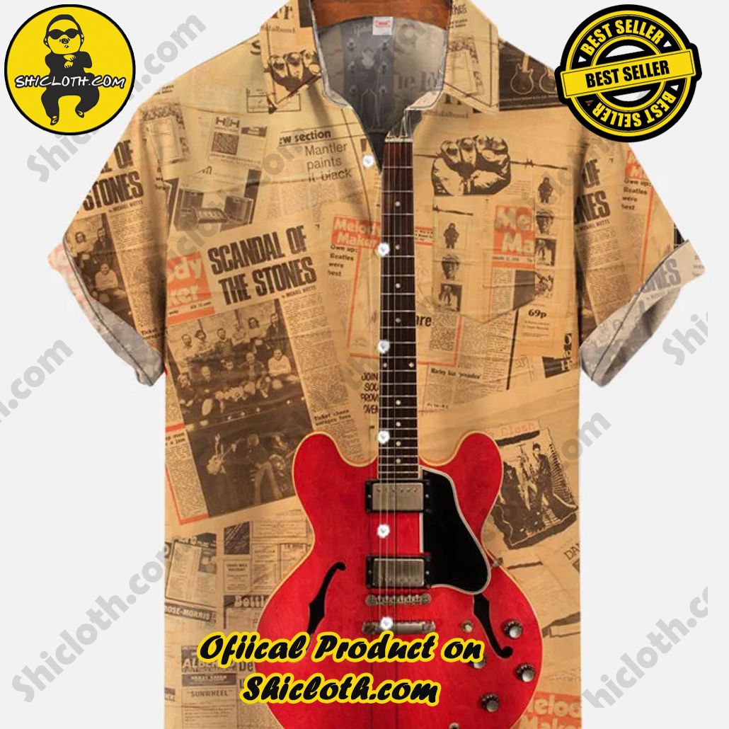 Shicloth's Tropical Elegance: Embrace Summer Vibes with Our Hawaiian Shirt and Shorts Set 95 Vintage Old Newspaper Red Guitar Printing Short Sleeve Shirt