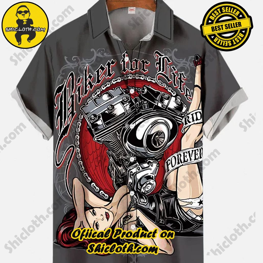 Bare the Breeze: Shiclothshop's Short Sleeve Shirts Unveiled 182 Vintage Pin Up Art Biker Engine And Red-Haired Beauty Printing Short Sleeve Shirt