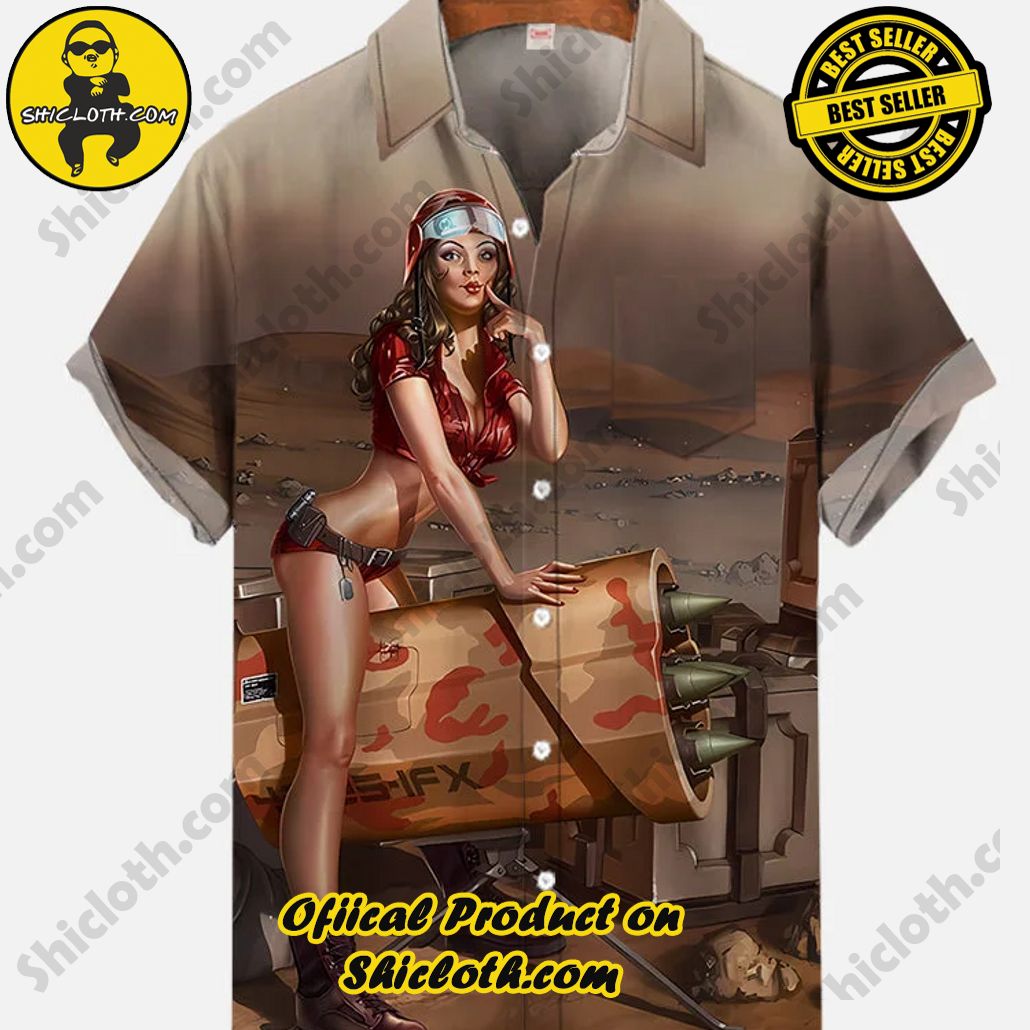 Bare the Breeze: Shiclothshop's Short Sleeve Shirts Unveiled 90 Vintage Pin Up Art Cannon Barrel And Beauty Printing Short Sleeve Shirt