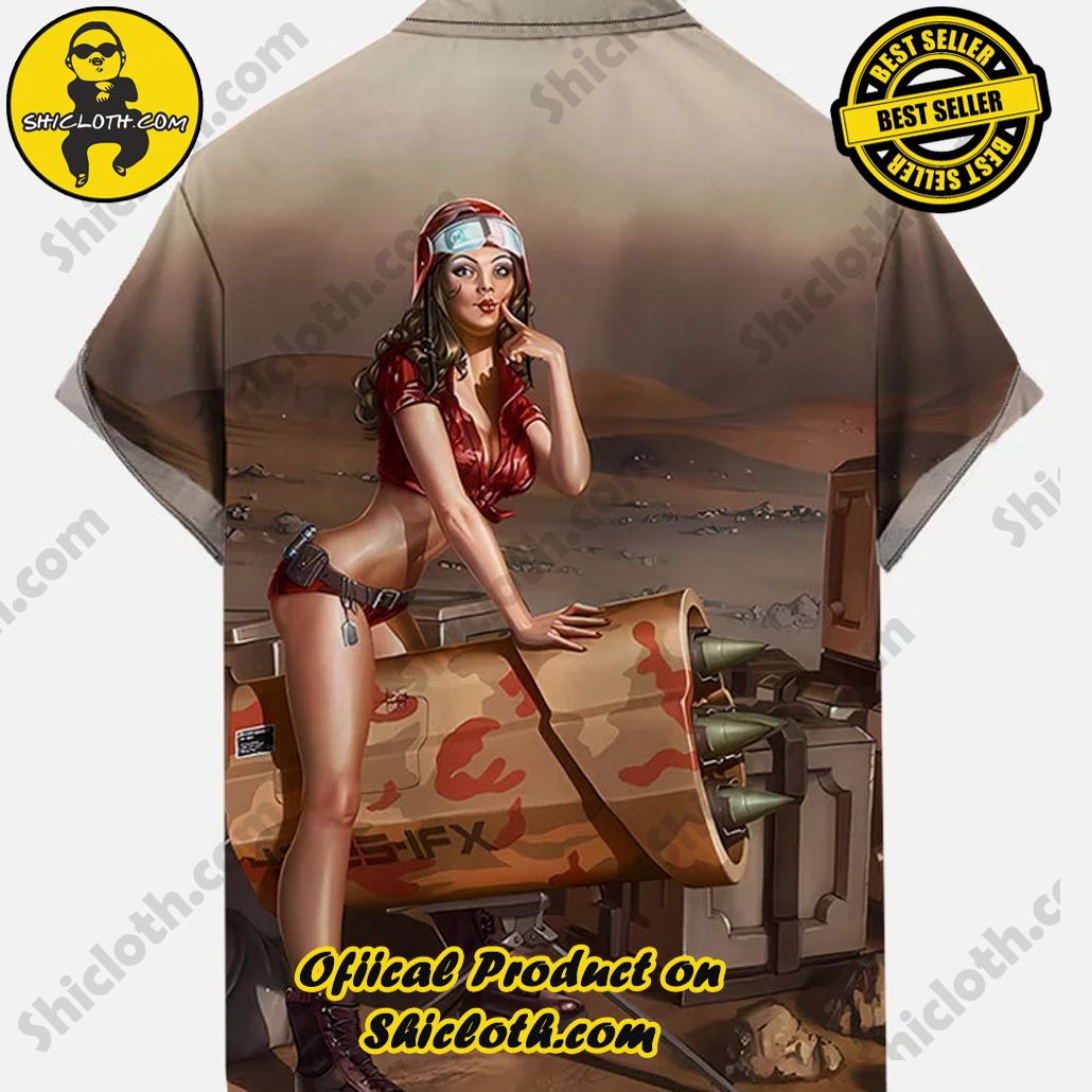 Vintage Pin Up Art Cannon Barrel And Beauty Printing Short Sleeve Shirt Vintage Pin Up Art Cannon Barrel And Beauty Printing Short Sleeve Shirt