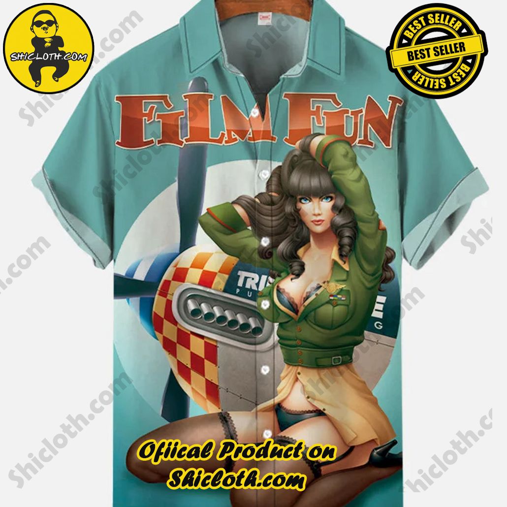Bare the Breeze: Shiclothshop's Short Sleeve Shirts Unveiled 92 Vintage Pin Up Art Green Uniform Girl And Fighter Plane Printing Short Sleeve Shirt