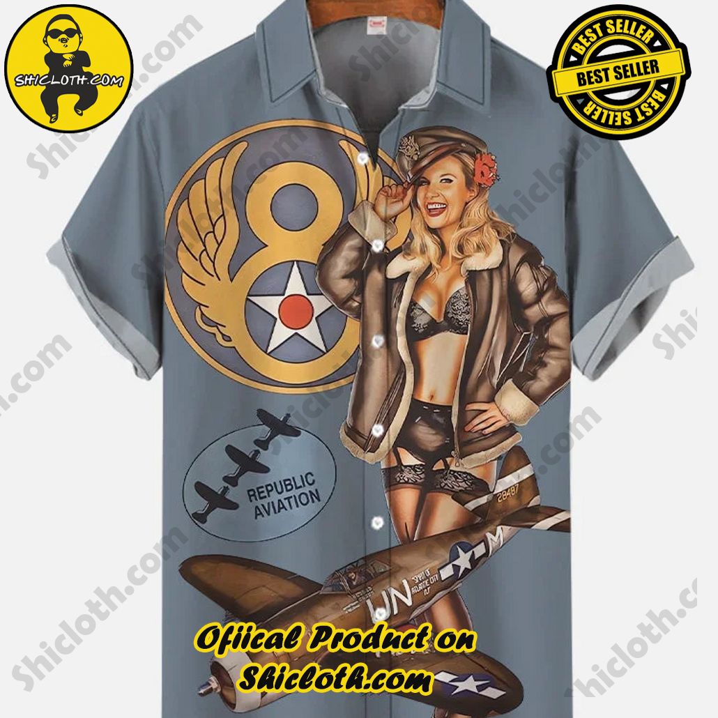 Bare the Breeze: Shiclothshop's Short Sleeve Shirts Unveiled 184 Vintage Pin Up Art Pinup Girl With Vintage Airplane Printing Short Sleeve Shirt