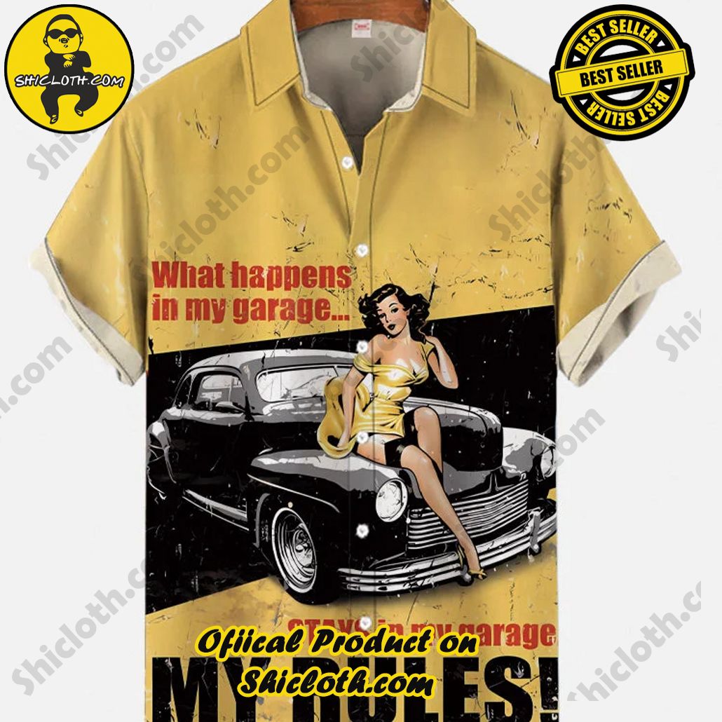 Bare the Breeze: Shiclothshop's Short Sleeve Shirts Unveiled 186 Vintage Pin Up Art Shabby Yellow Garage Classic Car And Beauty Printing Short Sleeve Shirt