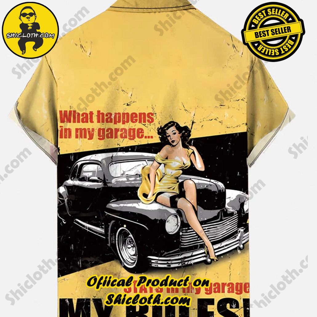 Vintage Pin Up Art Shabby Yellow Garage Classic Car And Beauty Printing Short Sleeve Shirt Vintage Pin Up Art Shabby Yellow Garage Classic Car And Beauty Printing Short Sleeve Shirt