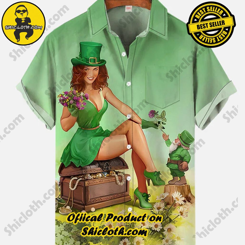 Bare the Breeze: Shiclothshop's Short Sleeve Shirts Unveiled 95 Vintage Pin Up Art St. Patrick'S Day Lady In Green Dress And Gnome Printing Breast Pocket Short Sleeve Shirt