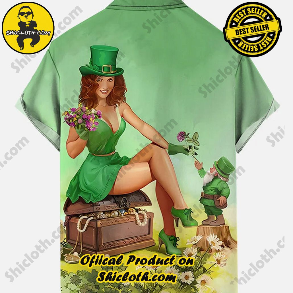 Vintage Pin Up Art St. Patrick’S Day Lady In Green Dress And Gnome Printing Breast Pocket Short Sleeve Shirt Vintage Pin Up Art St. Patrick’S Day Lady In Green Dress And Gnome Printing Breast Pocket Short Sleeve Shirt