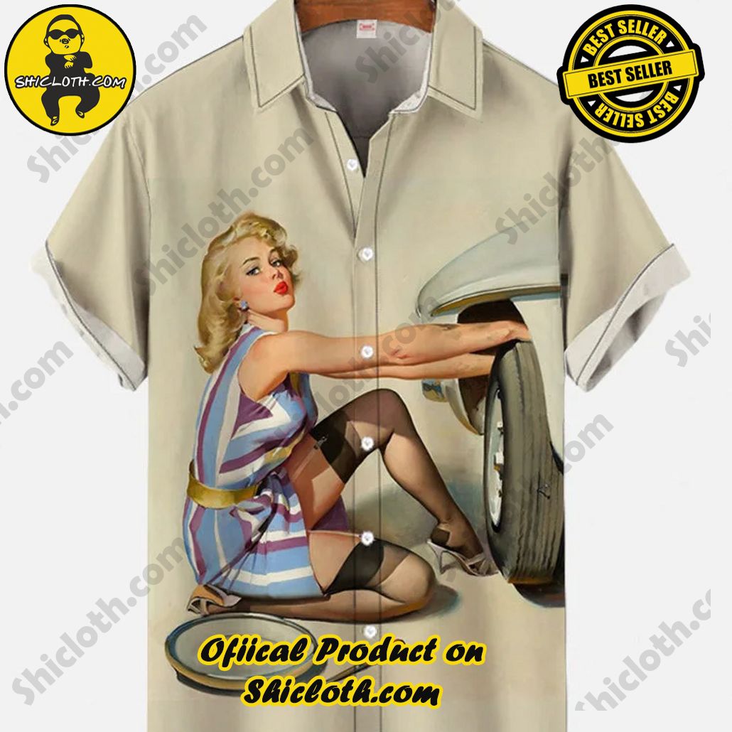 Bare the Breeze: Shiclothshop's Short Sleeve Shirts Unveiled 187 Vintage Pin Up Art Tire Repair Girl Printing Short Sleeve Shirt