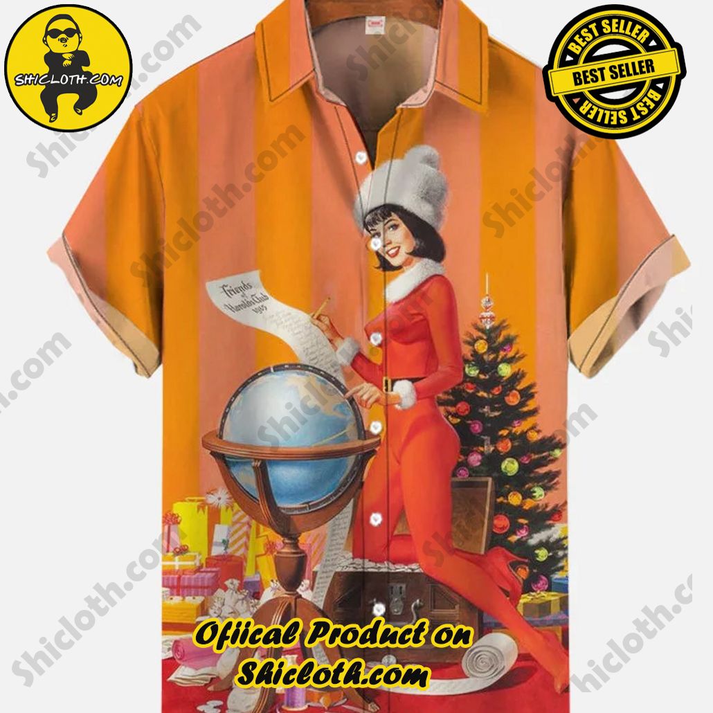 Bare the Breeze: Shiclothshop's Short Sleeve Shirts Unveiled 96 Vintage Pin Up Girl Poster Christmas Girl And Globe Printing Short Sleeve Shirt
