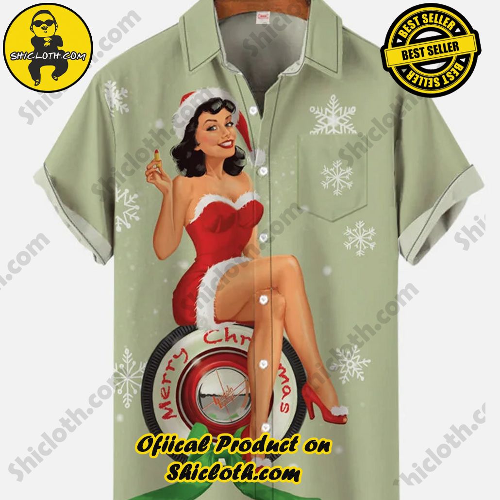 Bare the Breeze: Shiclothshop's Short Sleeve Shirts Unveiled 97 Vintage Pin Up Girl Poster Christmas Girl And Wheel Printing Breast Pocket Short Sleeve Shirt