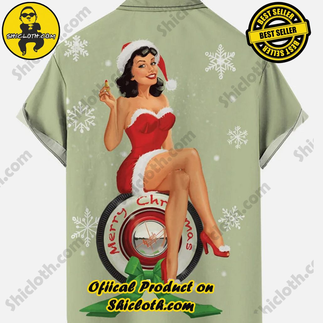 Vintage Pin Up Girl Poster Christmas Girl And Wheel Printing Breast Pocket Short Sleeve Shirt Vintage Pin Up Girl Poster Christmas Girl And Wheel Printing Breast Pocket Short Sleeve Shirt