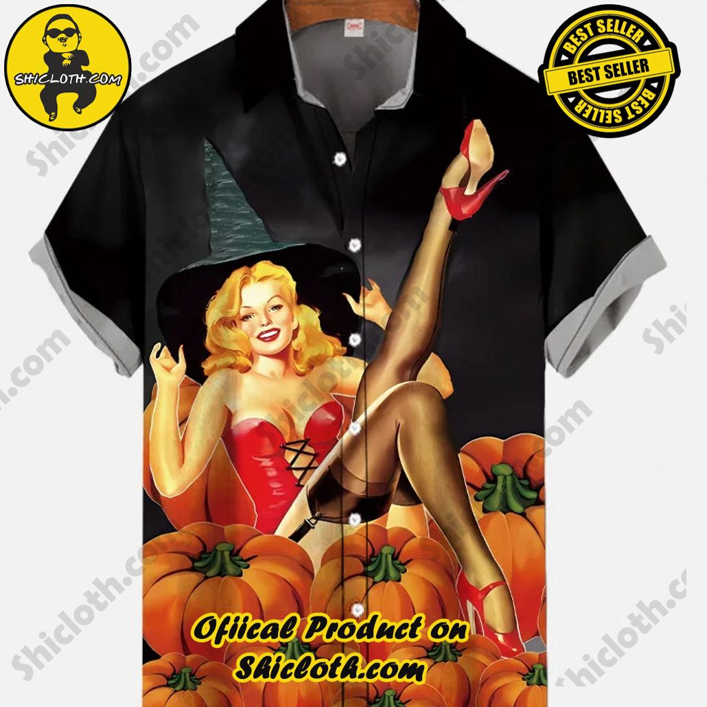 Bare the Breeze: Shiclothshop's Short Sleeve Shirts Unveiled 189 Vintage Pin Up Girl Poster Halloween Beauty Sitting Among Pumpkins Printing Short Sleeve Shirt