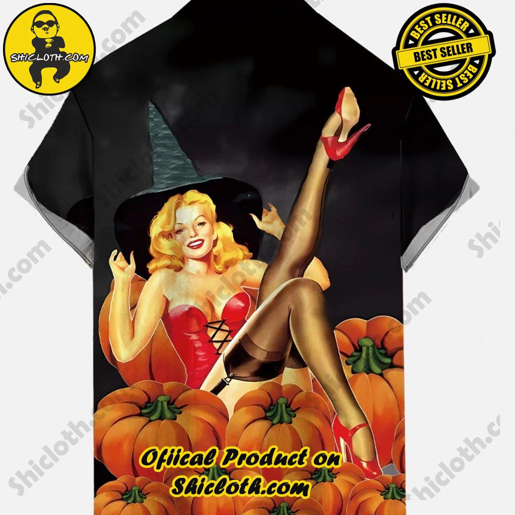 Vintage Pin Up Girl Poster Halloween Beauty Sitting Among Pumpkins Printing Short Sleeve Shirt Vintage Pin Up Girl Poster Halloween Beauty Sitting Among Pumpkins Printing Short Sleeve Shirt