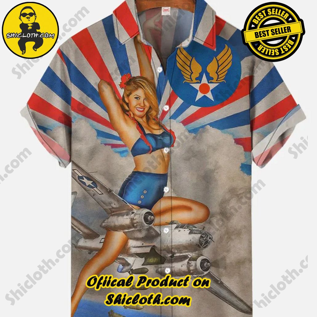 Bare the Breeze: Shiclothshop's Short Sleeve Shirts Unveiled 98 Vintage Pin Up Girl Poster Naval Fighter And Sky Beauty Printing Short Sleeve Shirt