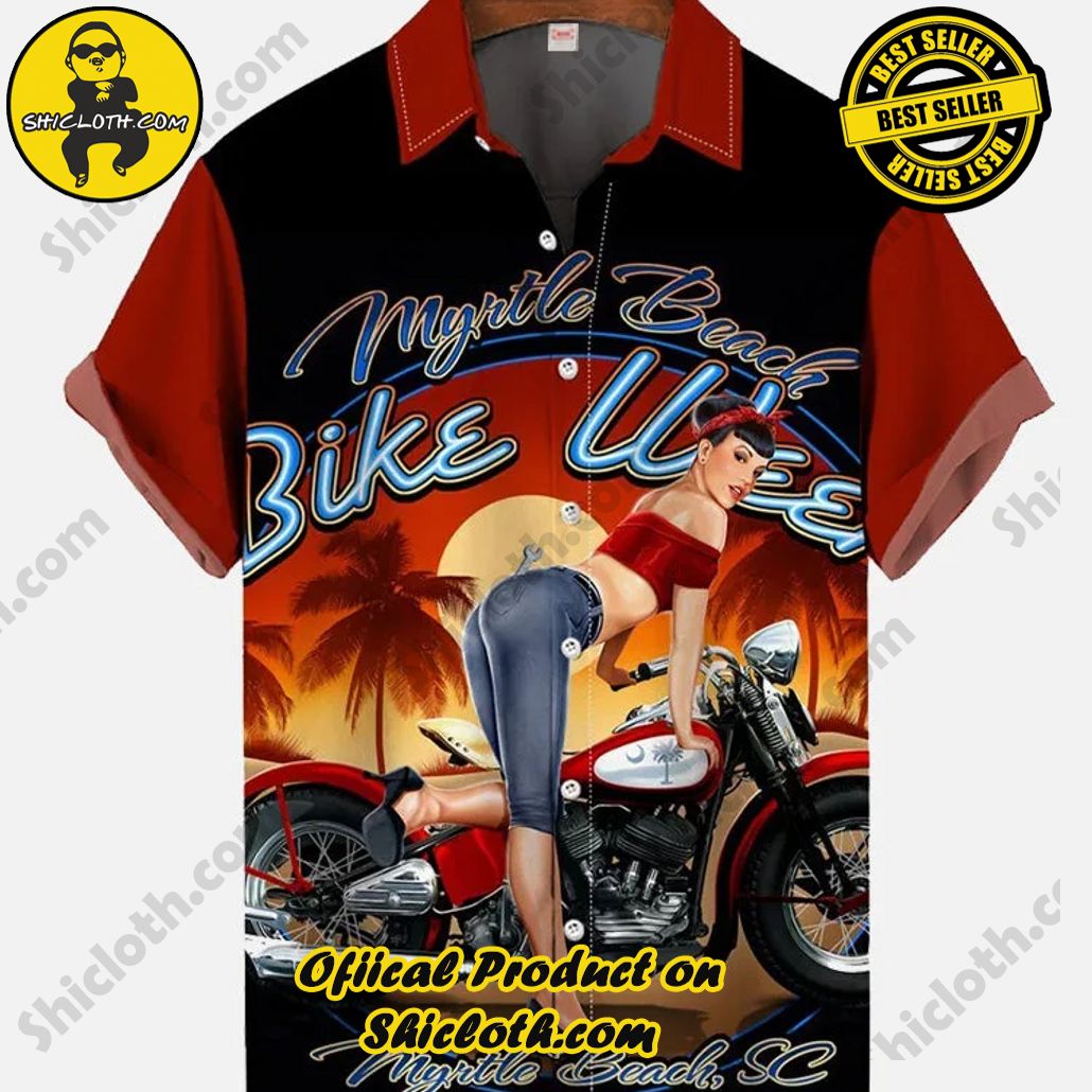 Bare the Breeze: Shiclothshop's Short Sleeve Shirts Unveiled 190 Vintage Red And Black Matching Pin Up Girl Motorcycle Printing Short Sleeve Shirt