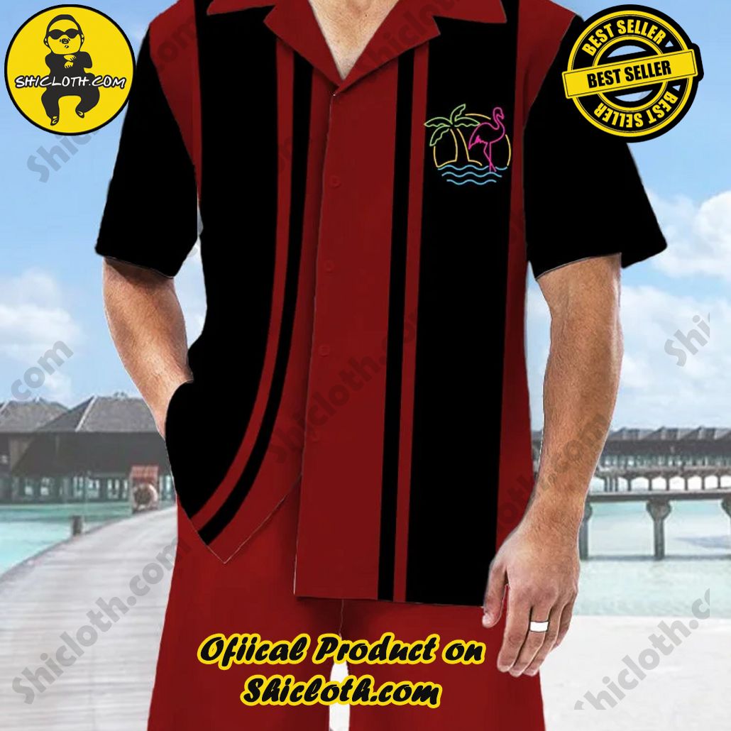 Bare the Breeze: Shiclothshop's Short Sleeve Shirts Unveiled 191 Vintage Red And Black Seaside Coconut Tree Flamingo Printing Hawaiian Cuban Collar Short Sleeve Shirt Set