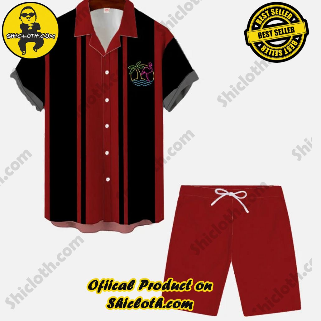 Vintage Red And Black Seaside Coconut Tree Flamingo Printing Hawaiian Cuban Collar Short Sleeve Shirt Set Vintage Red And Black Seaside Coconut Tree Flamingo Printing Hawaiian Cuban Collar Short Sleeve Shirt Set