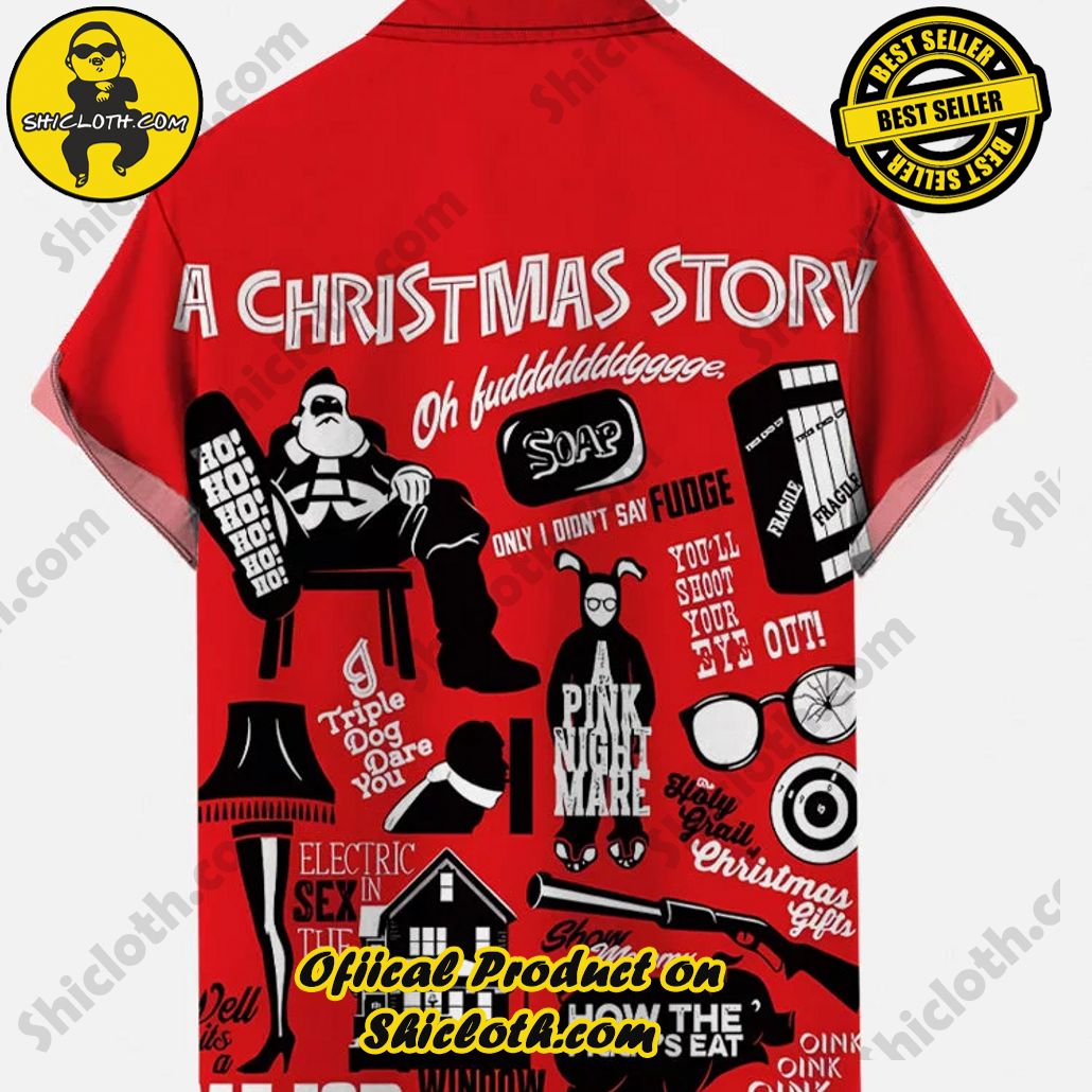 Vintage Red Poster Christmas Story Santa Claus And House Printing Short Sleeve Shirt Vintage Red Poster Christmas Story Santa Claus And House Printing Short Sleeve Shirt