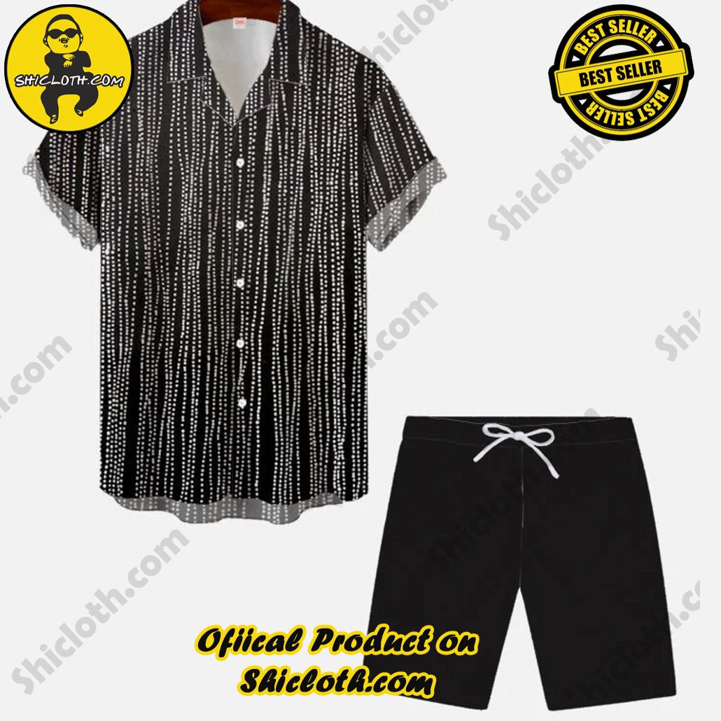 Vintage Silver Stripe In Black Printing Summer Hawaiian Cuban Collar Short Sleeve Shirt Set Vintage Silver Stripe In Black Printing Summer Hawaiian Cuban Collar Short Sleeve Shirt Set