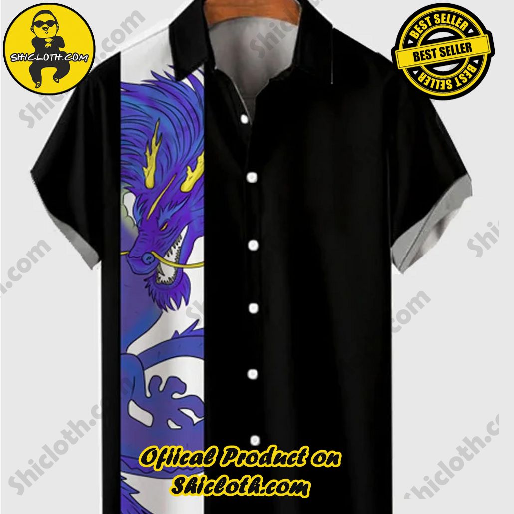 Shiclothshop's Short Sleeve Shirts – Effortless Elegance and Contemporary Comfort 47 Vintage Style Black And Purple Dragon Printing Men's Short Sleeve Shirt