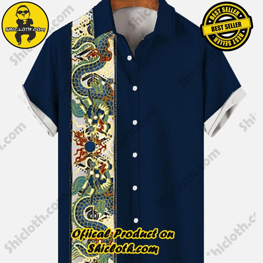 Shiclothshop's Short Sleeve Shirts – Effortless Elegance and Contemporary Comfort 49 Vintage Style Navy and Chinese Traditional Mythology Dragon Printing Men's Short Sleeve Shirt