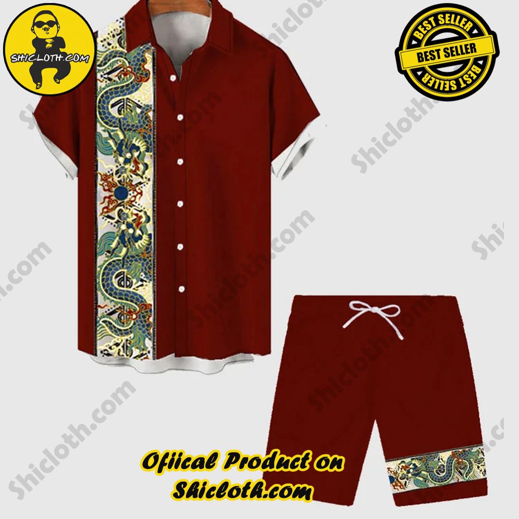 Vintage Style Red and Chinese Traditional Mythology Dragon Printing Men's Short Sleeve Shirt 3 Vintage Style Red and Chinese Traditional Mythology Dragon Printing Men's Short Sleeve Shirt - Image 3