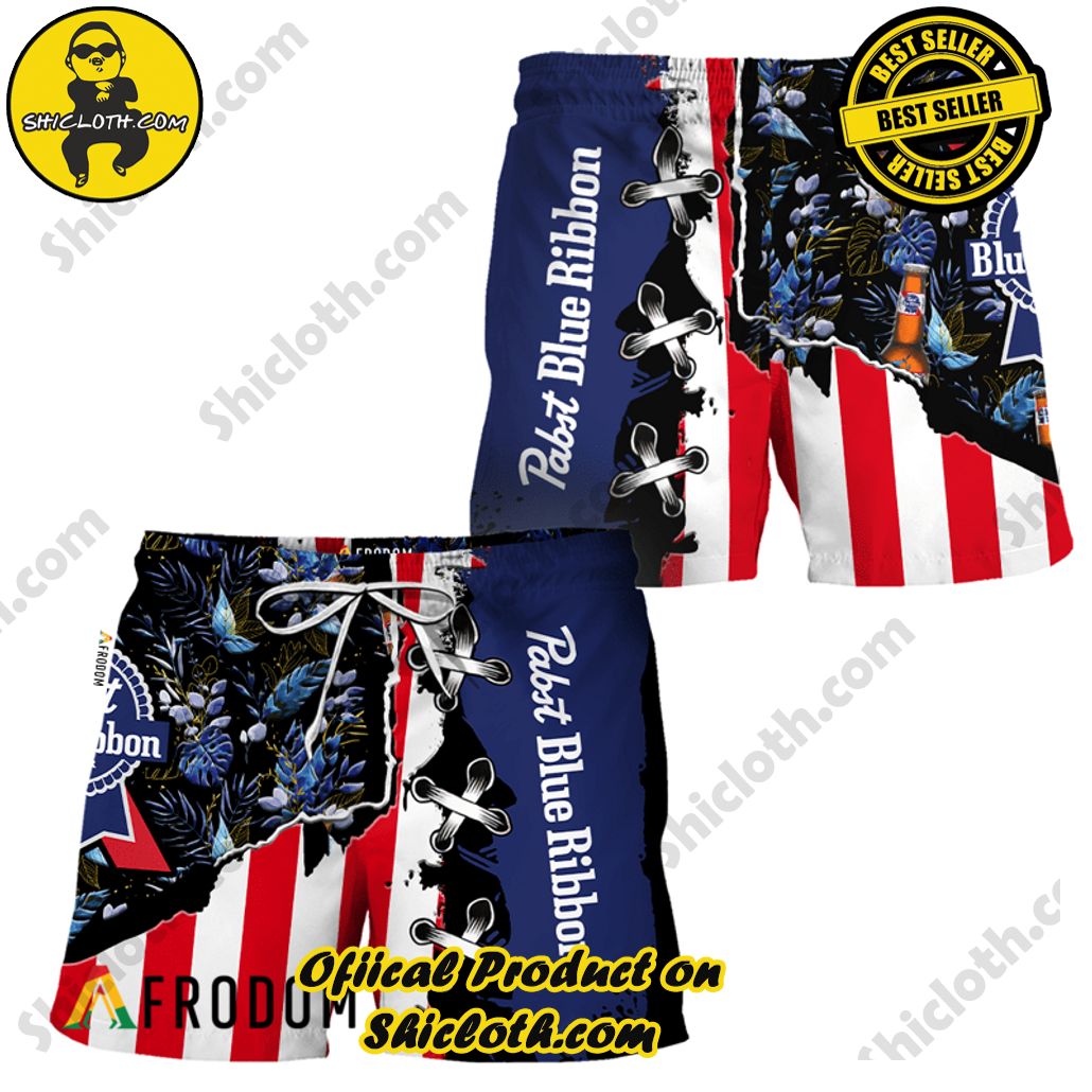 Shicloth's Island Chic: Unleash the Summer Spirit with Our Hawaiian Shirt and Shorts Ensemble 291 Vintage Tropical Flower Pabst Blue Ribbon Hawaiian Shorts