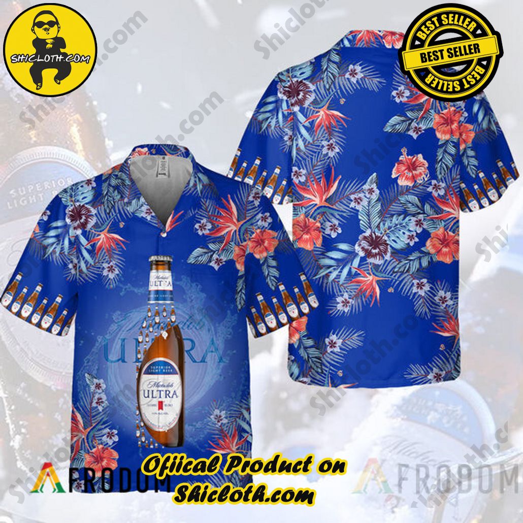 Shicloth's Island Chic: Unleash the Summer Spirit with Our Hawaiian Shirt and Shorts Ensemble 292 Vintage Tropical Flowers Michelob ULTRA Hawaiian Shirt