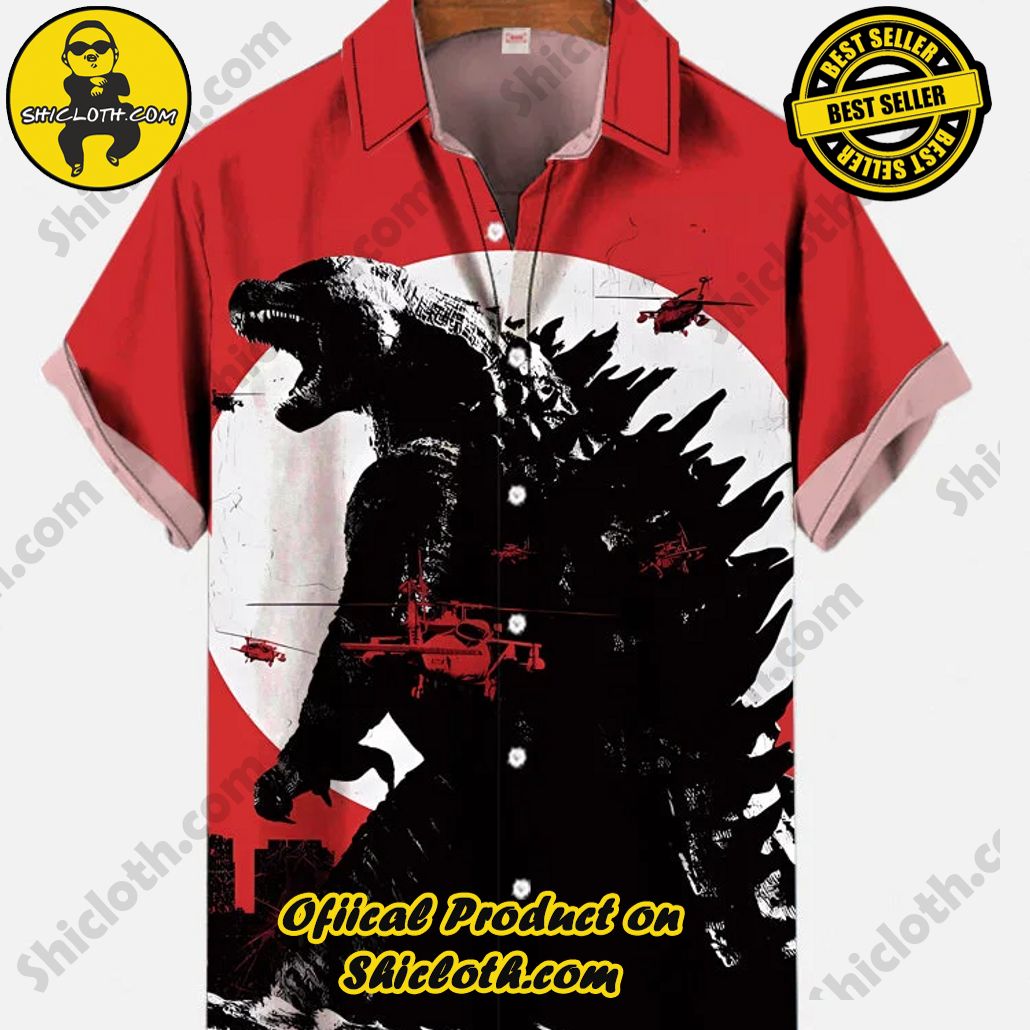 Bare the Breeze: Shiclothshop's Short Sleeve Shirts Unveiled 195 Vintage Ukiyo-E Japan Style Sun And Roaring Godzilla Printing Short Sleeve Shirt
