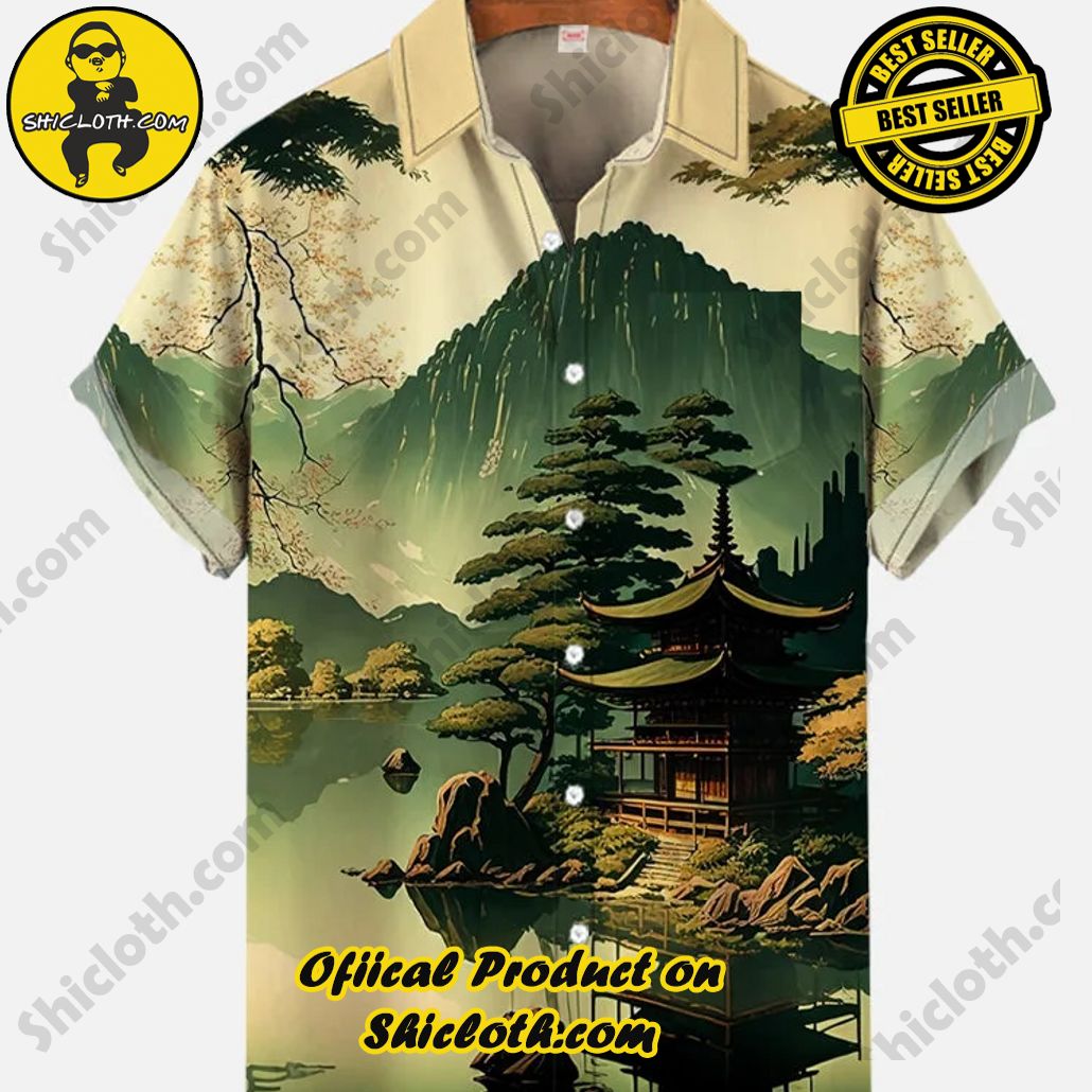 Bare the Breeze: Shiclothshop's Short Sleeve Shirts Unveiled 196 Vintage Ukiyo-e Japanese Landscape Antique Architecture And Lake View Printing Short Sleeve Shirt