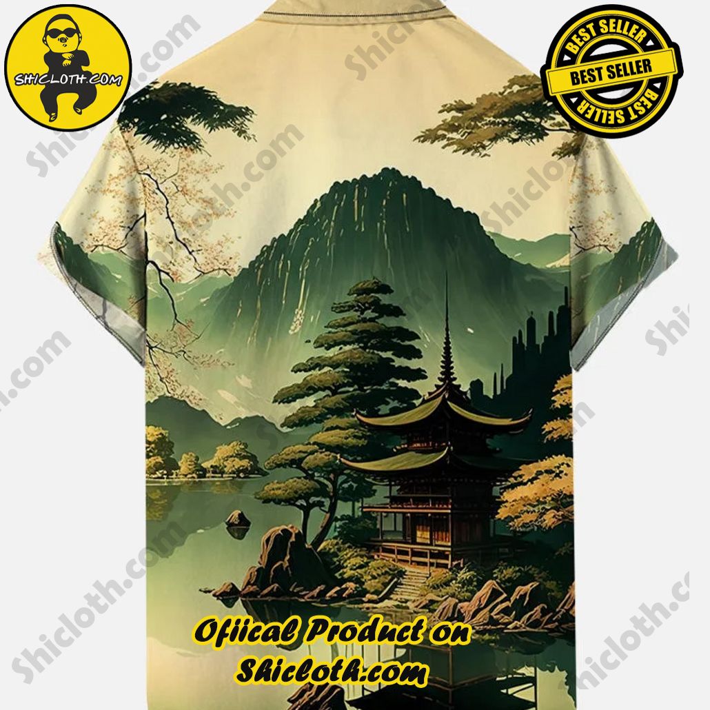 Vintage Ukiyo-e Japanese Landscape Antique Architecture And Lake View Printing Short Sleeve Shirt Vintage Ukiyo-e Japanese Landscape Antique Architecture And Lake View Printing Short Sleeve Shirt