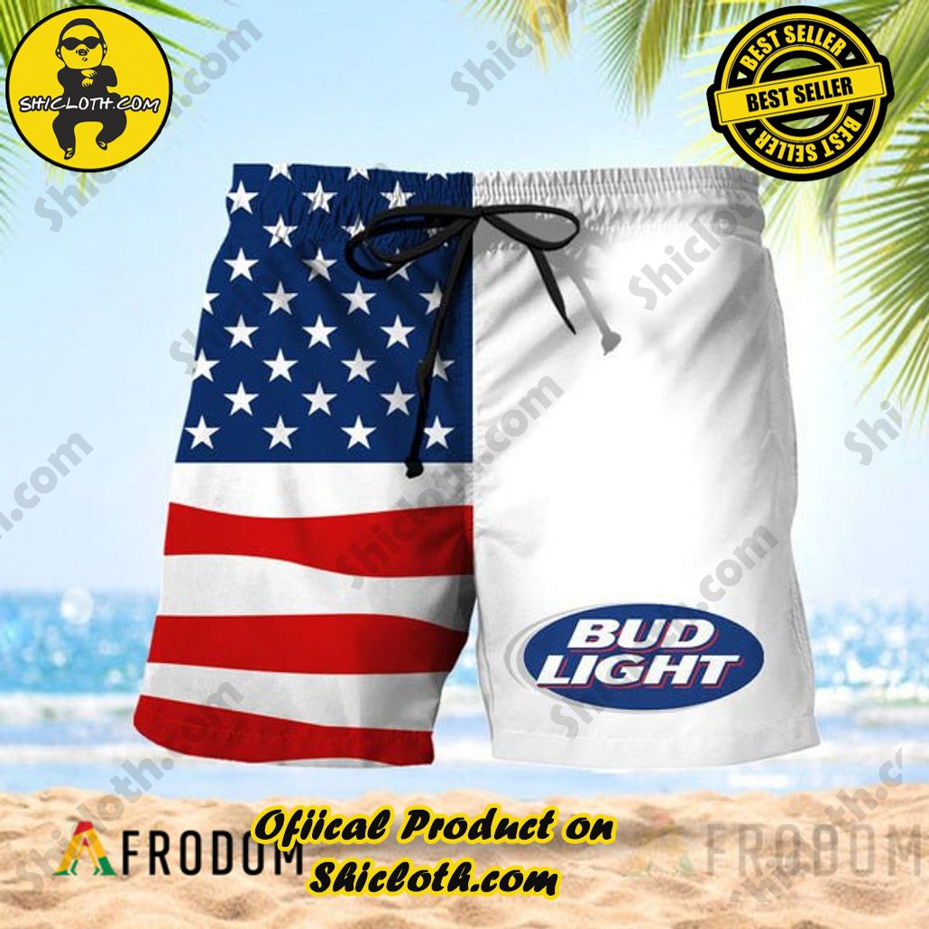 Shicloth's Island Chic: Unleash the Summer Spirit with Our Hawaiian Shirt and Shorts Ensemble 296 Vintage USA Flag Fourth Of July Bud Light Hawaiian Shorts